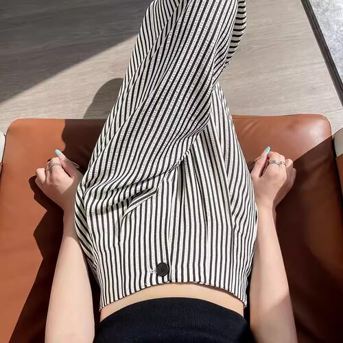 条纹裤子女夏季小个子直筒西装裤