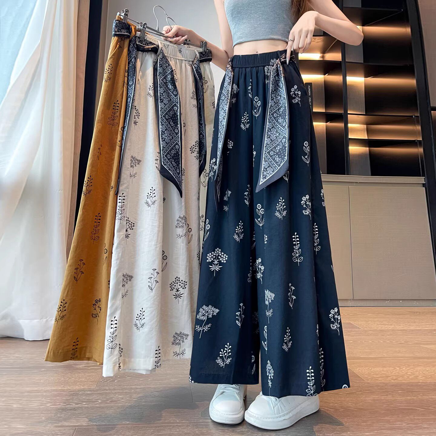 清仓捡漏~冰丝阔腿裤女夏季2026年新款系带高腰宽松休闲九分裤子