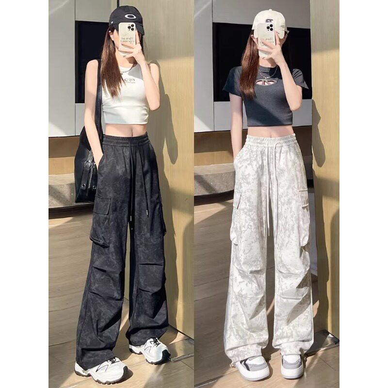 清仓捡漏黑色扎染工装裤女春秋夏季高腰直筒阔腿小个子迷彩运动裤