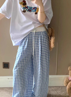 清仓捡漏~多巴胺蓝色格子裤女夏季宽松直筒阔腿裤慵懒休闲山本裤