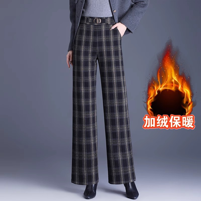 格子毛呢阔腿直筒裤加厚加绒女裤