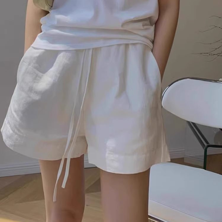 白色亚麻运动阔腿短裤女夏季薄款