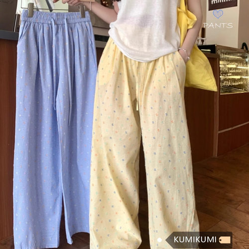 多巴胺波点格纹阔腿休闲裤女夏季