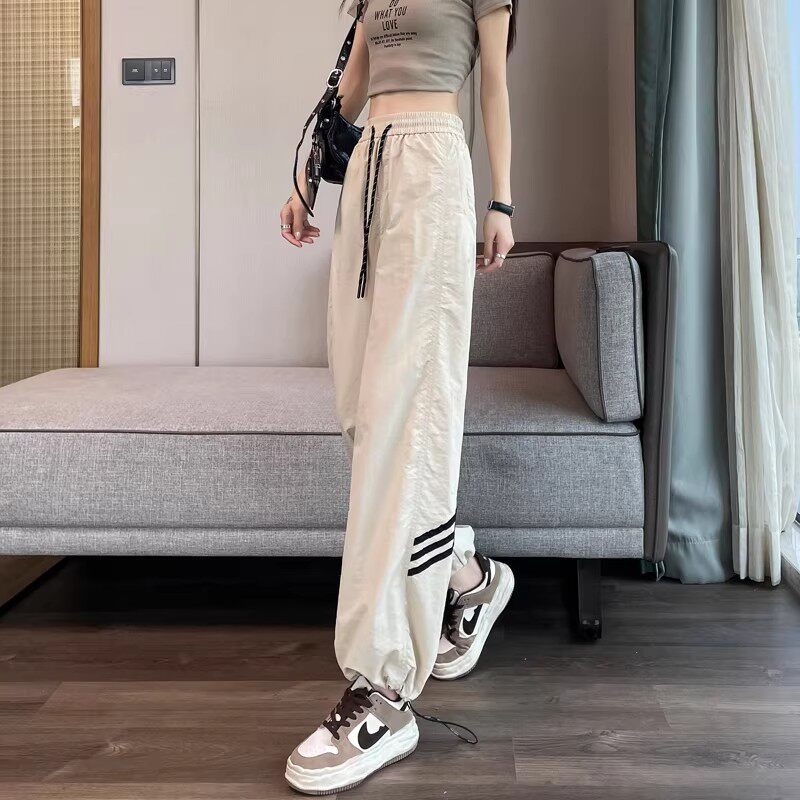 清仓捡漏米白色冰丝工装裤女夏季薄款防蚊防晒美式阔腿速干运动裤