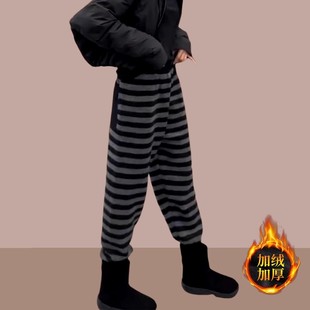 清仓捡漏欧货小众条纹运动卫裤 女秋冬 加绒加厚宽松高腰哈伦休闲裤