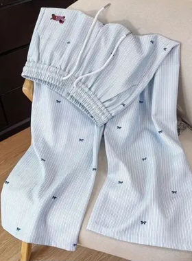 清仓捡漏蓝色条纹设计感刺绣休闲裤女2026夏季新款通勤松弛感长裤