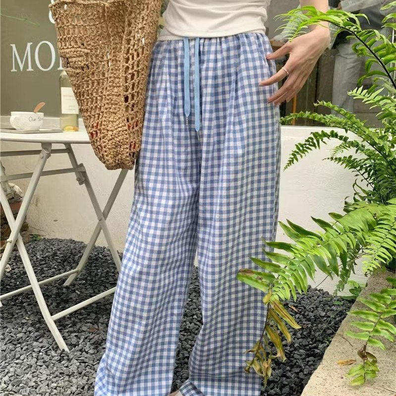 夏季撞色松紧腰高腰直筒休闲裤女