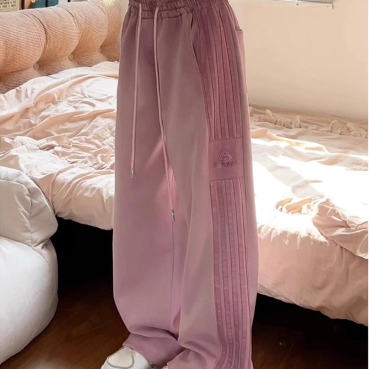 美式粉色条纹运动裤女春夏卫裤子