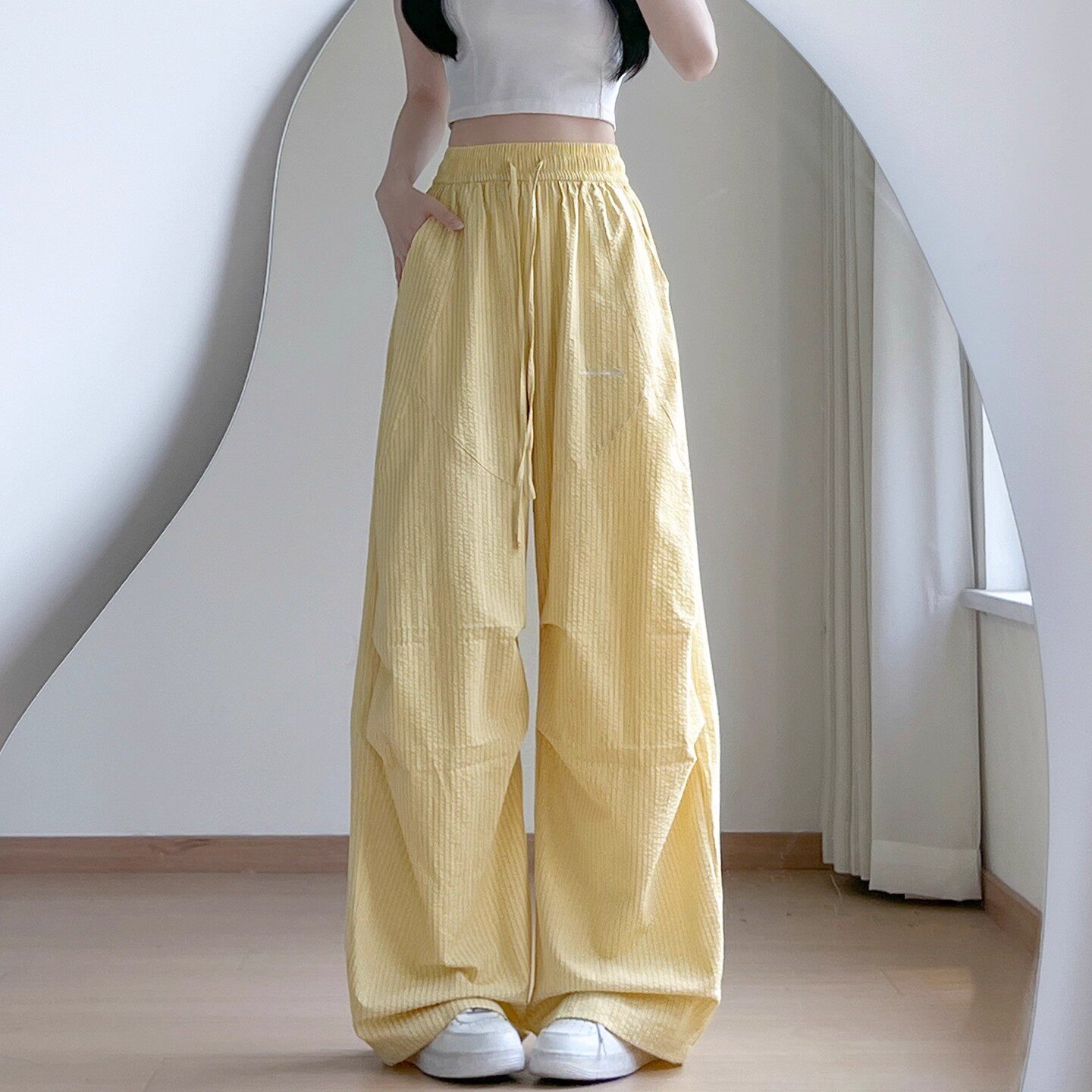 黄色夏季多巴胺韩系条纹休闲裤女
