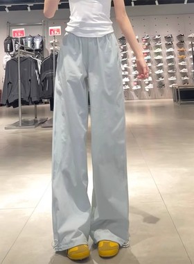 清仓捡漏蓝色工装裤女夏季高腰垂感拖地阔腿裤美式速干运动裤薄款