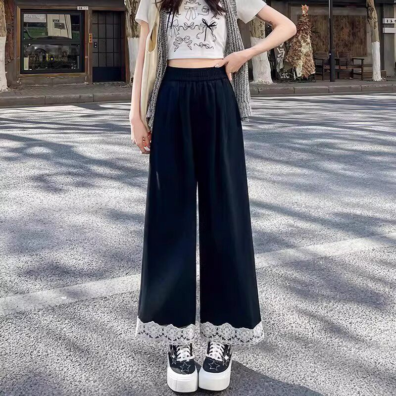 清仓捡漏复古蕾丝拼接阔腿裤女夏季松紧高腰宽松九分休闲直筒裤子