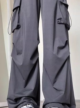 清仓捡漏灰色工装裤女夏季降落伞休闲阔腿裤高腰美式小个子运动裤