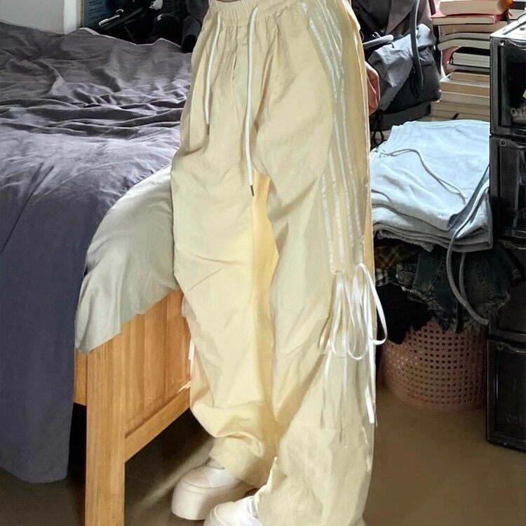 清仓捡漏美式多巴胺蝴蝶结阔腿休闲裤女夏季速干运动伞兵工装长裤