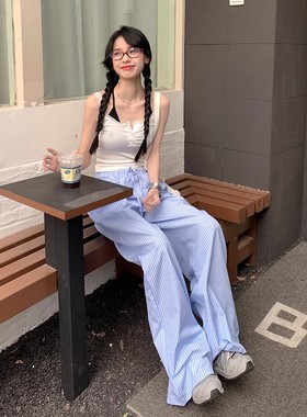 清仓捡漏长裤女慵懒蓝色竖条纹阔腿裤夏薄高腰直筒宽松休闲拖地裤