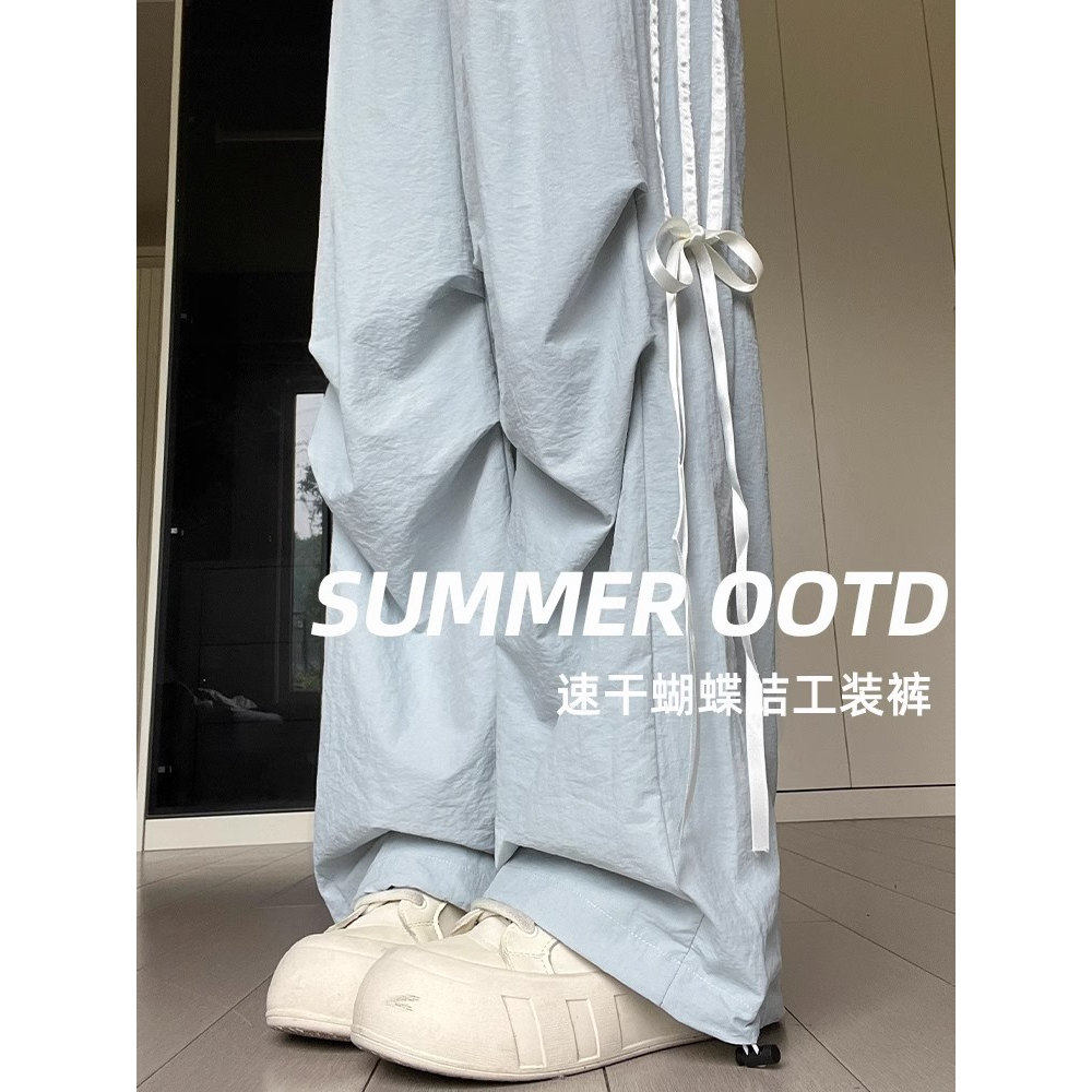 清仓捡漏蓝色系带蝴蝶结工装裤女