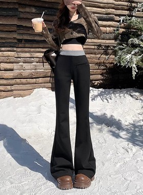 清仓捡漏美式黑色拼接微喇叭休闲裤女夏季辣妹显瘦拖地运动卫裤子