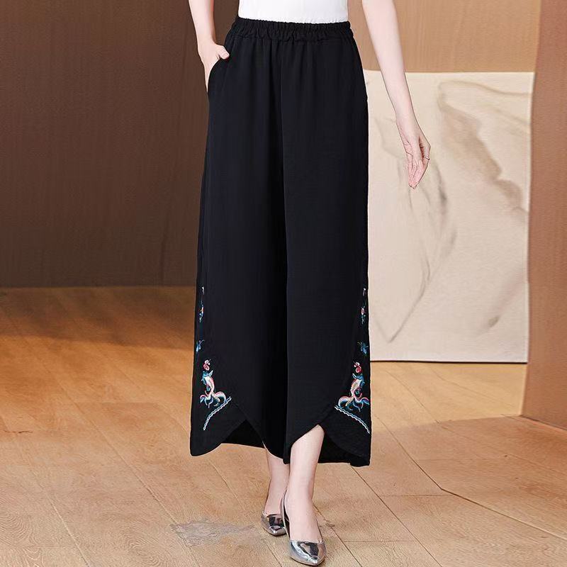 国风绣花九分阔腿裤女夏季休闲裤