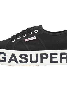 代购Superga女士帆布鞋轻便舒适防滑耐磨黑色厚底系带织物鞋面