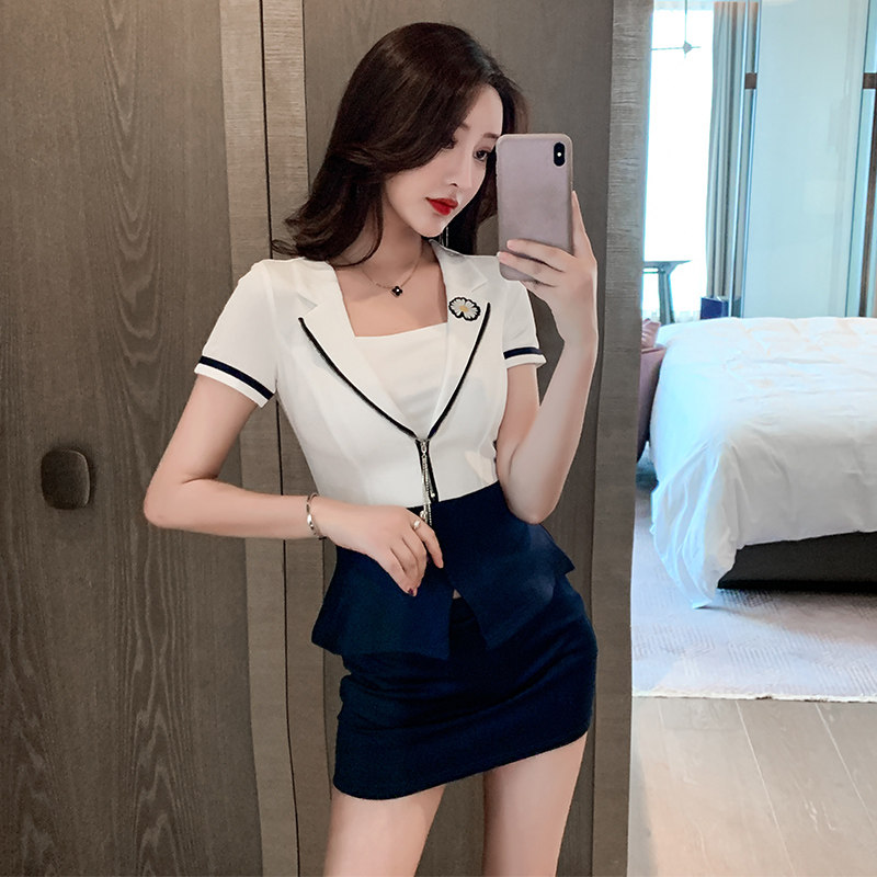 足疗店工作服女显瘦美容师桑拿按摩技师服性感KTV公主服短裙套装