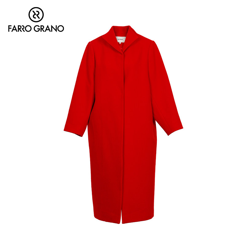 farrograno菲诺格诺宽松直筒红呢子大衣中长款女冬款气质时尚外套
