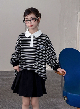 布芮欧春秋款女童条纹翻领POLO衫领长袖T恤中大童儿童童装潮88272