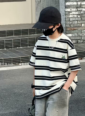 童乐鱼2025夏新款男童女童条纹短袖T恤中大童儿童童装潮学生99168