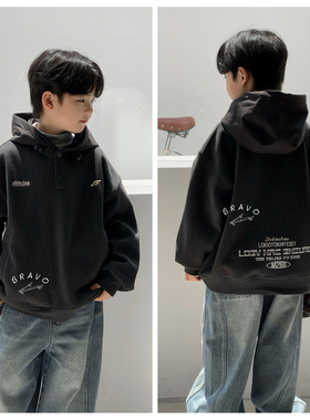 布芮欧2025冬新款男童女童加绒连帽卫衣中大童儿童童装韩版86619