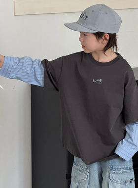 大e小e2025春新款男童女童假两件长袖T恤中大童儿童童装潮3602