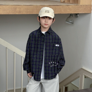 布芮欧2025春新款男童格子衬衫中大童儿童童装韩版潮打底衫63109