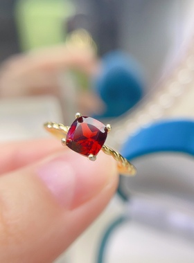 天然石榴石戒指高净度火彩爆闪麻花臂宝石6mm925银镀黄金精工镶嵌