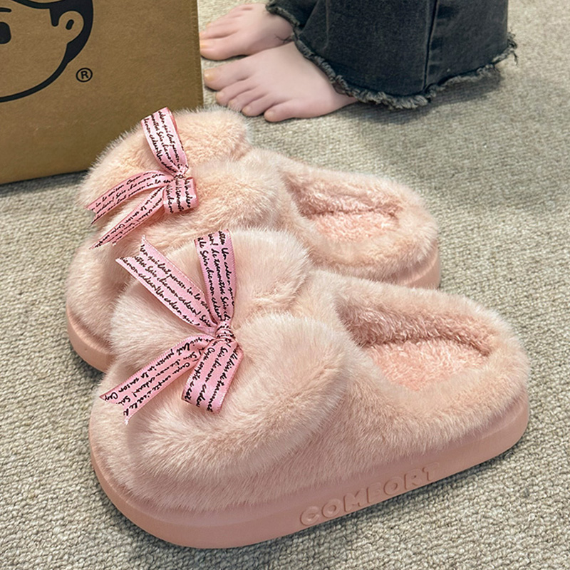 蝴蝶结毛绒棉拖鞋女士2025新款秋冬季室内居家保暖厚底加绒棉拖女