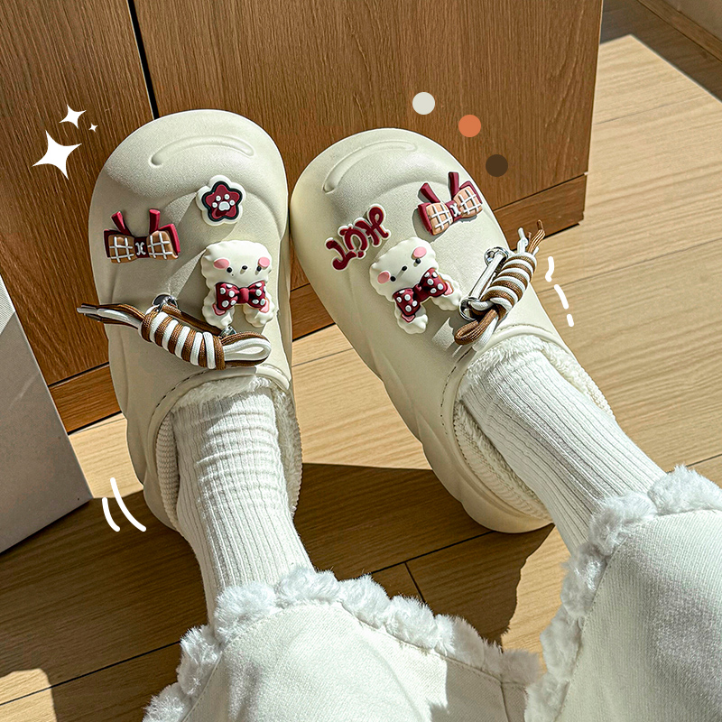 可爱小熊防水棉拖鞋女冬外穿百搭