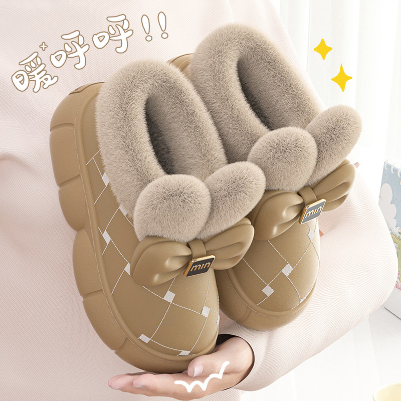 蝴蝶结毛绒保暖儿童棉拖鞋女童
