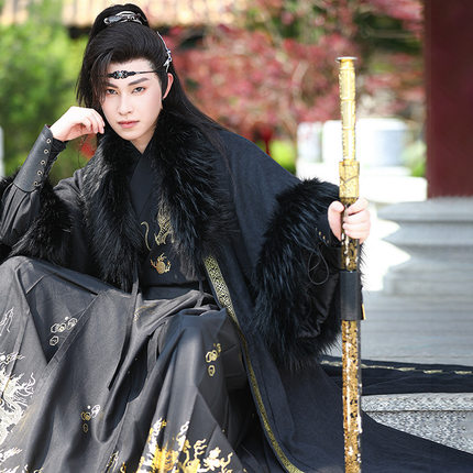明制冬季新款披风汉服男款大码加绒半臂斗篷古风毛领可拆卸武侠套