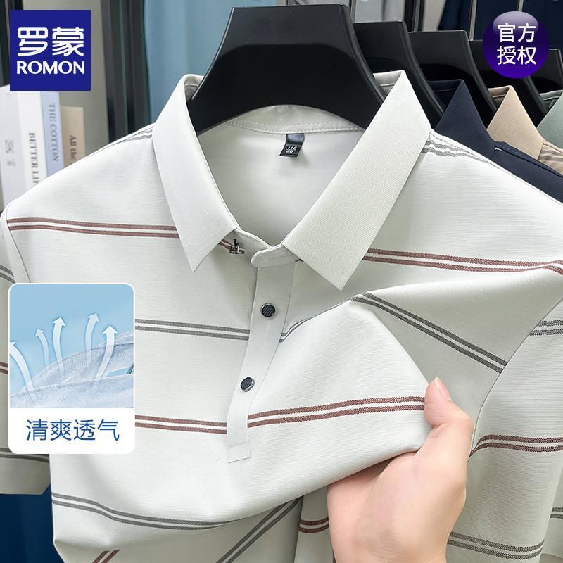 罗蒙男士短袖t恤夏季薄款宽松条纹翻领polo衫商务休闲百搭上衣男
