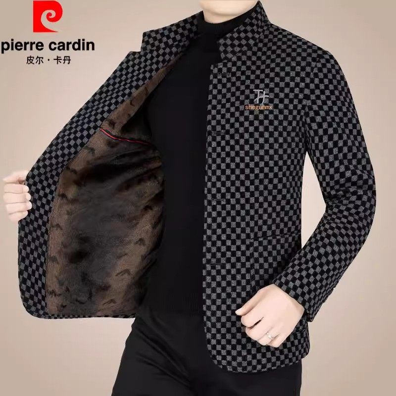 皮尔卡丹秋冬季男士立领男士夹克新款中年休闲羊毛呢加绒爸爸外套