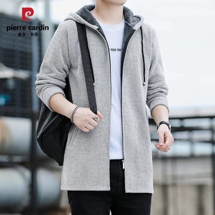 皮尔卡丹中长款加绒男士外套针织开衫青年冬季新款连帽毛衣卫衣潮