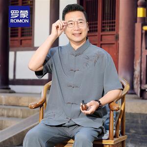 罗蒙唐装男中老年爸爸短袖夏装套装中国风老人衣服爷爷装汉服衣服