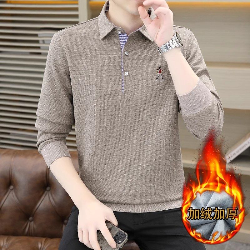 皮尔卡丹长袖Polo衫男士秋冬季加绒厚T恤2025新款翻领保暖打底衫