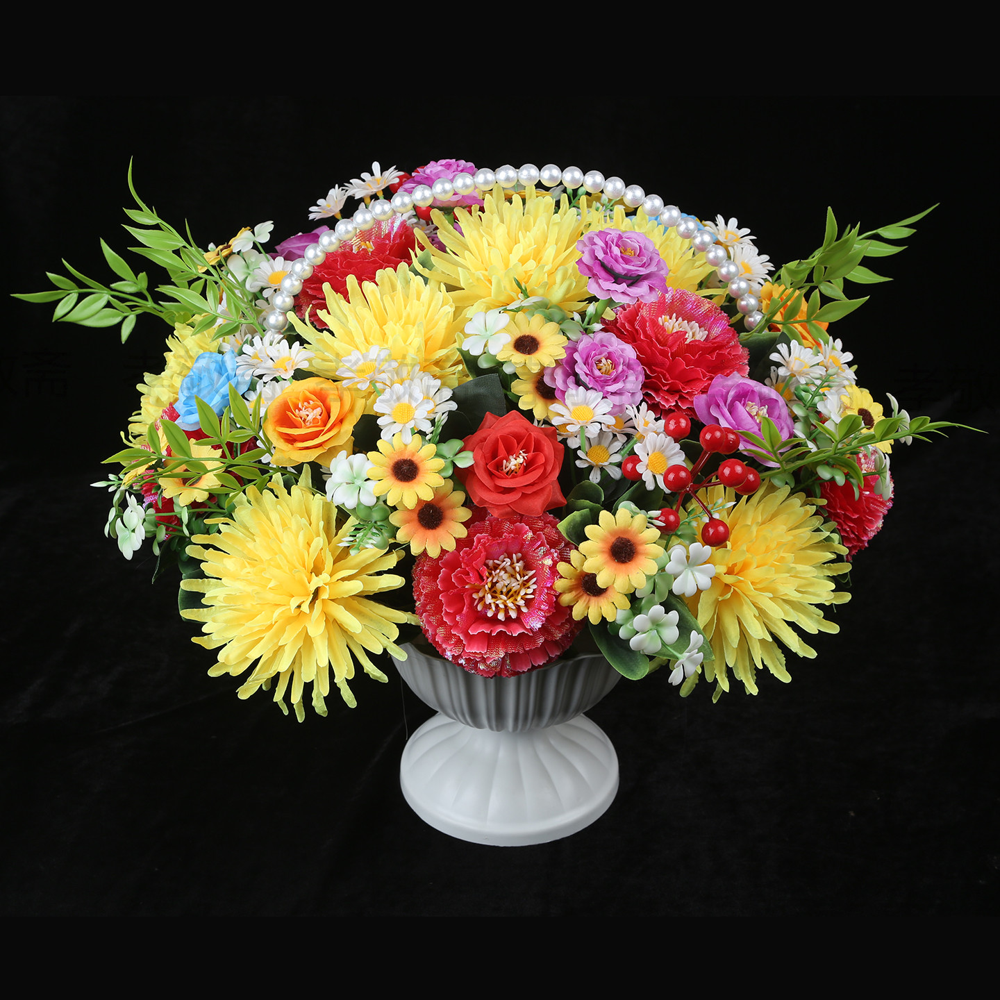 清明扫墓珍珠花篮祭祀追悼奠仪拉花盆花圈墓地摆放绢花仿真花束