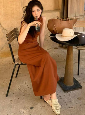 韩国博主yunnnie新款落日氛围法式高级感无袖连衣裙长款裙子夏