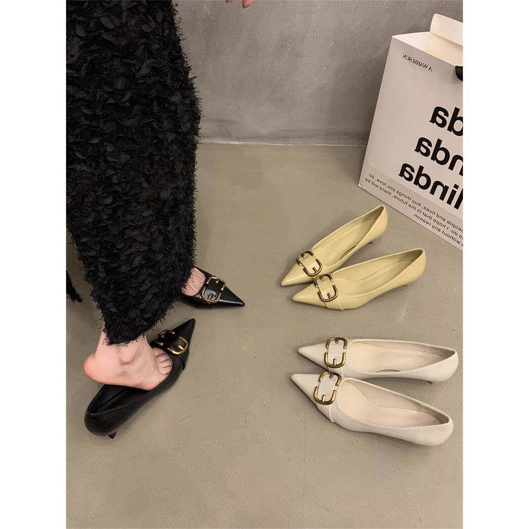 香港尖头气质复古高跟鞋女夏季2024年新款低跟法式配裙子白色单鞋