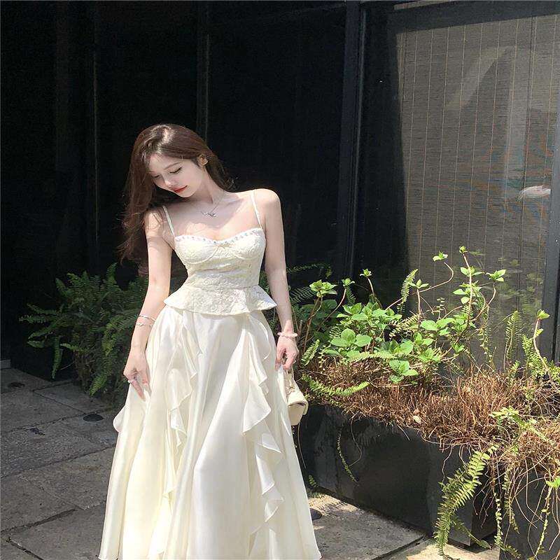 生日宴会高级白色晚礼服吊带洋装女两件式套装法式气质仙女长裙子