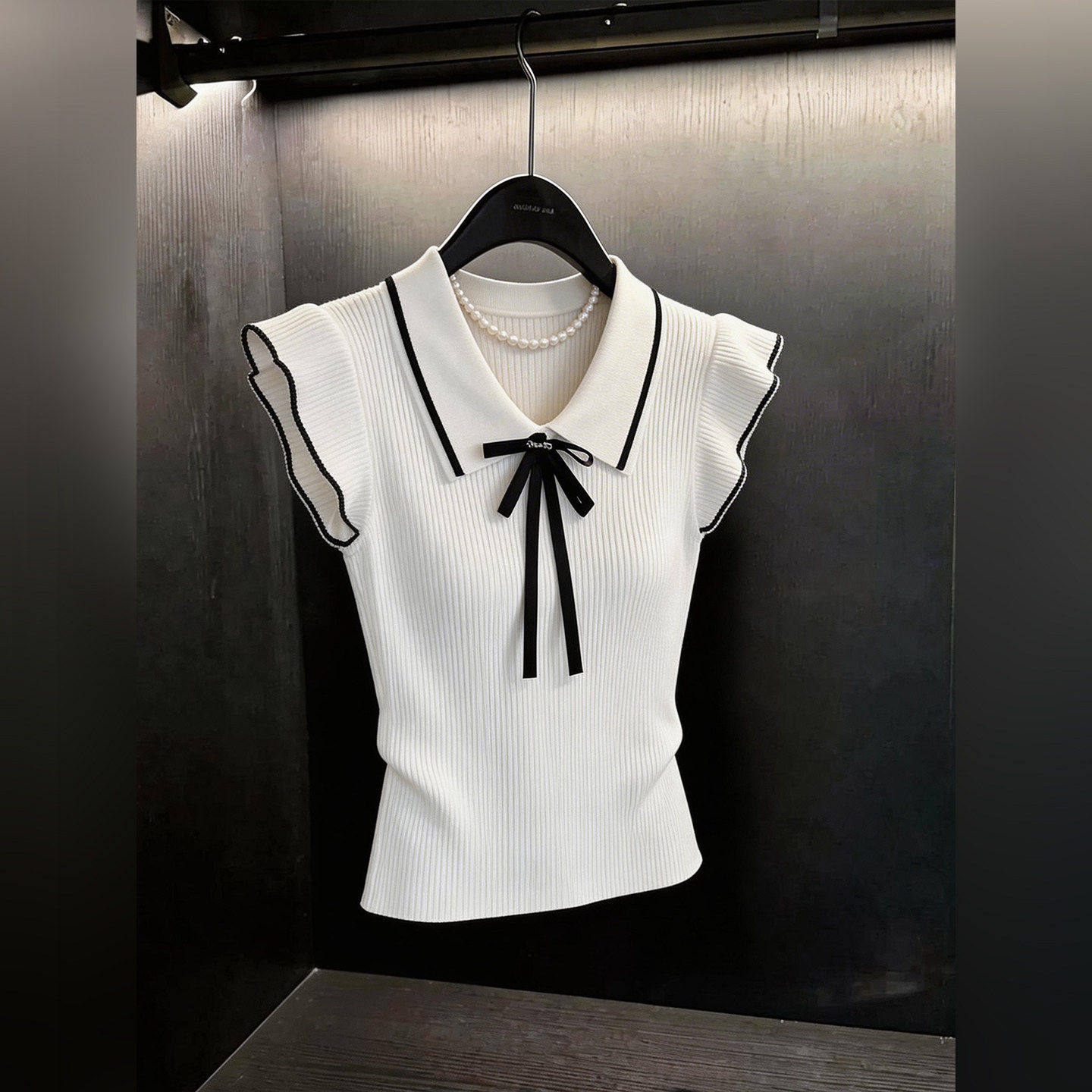 白色翻领蝴蝶结针织1/4吋套筒扳手袖短袖t恤女夏季修身设计感短款
