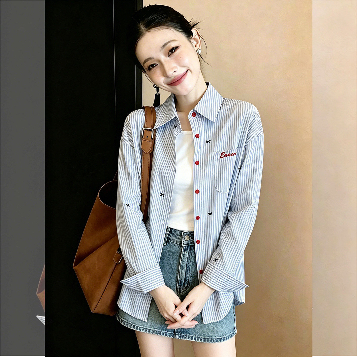 复古条纹长袖衬衫女款夏