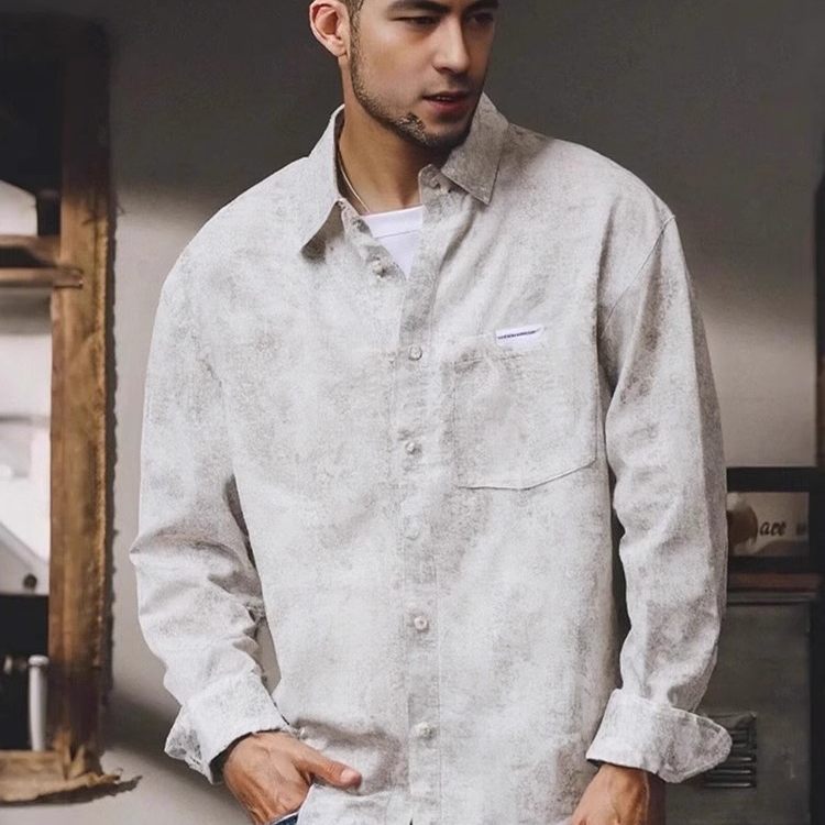 韩版潮流印花长袖衬衣男春季休闲清新文艺设计感衬衫时尚高级上衣