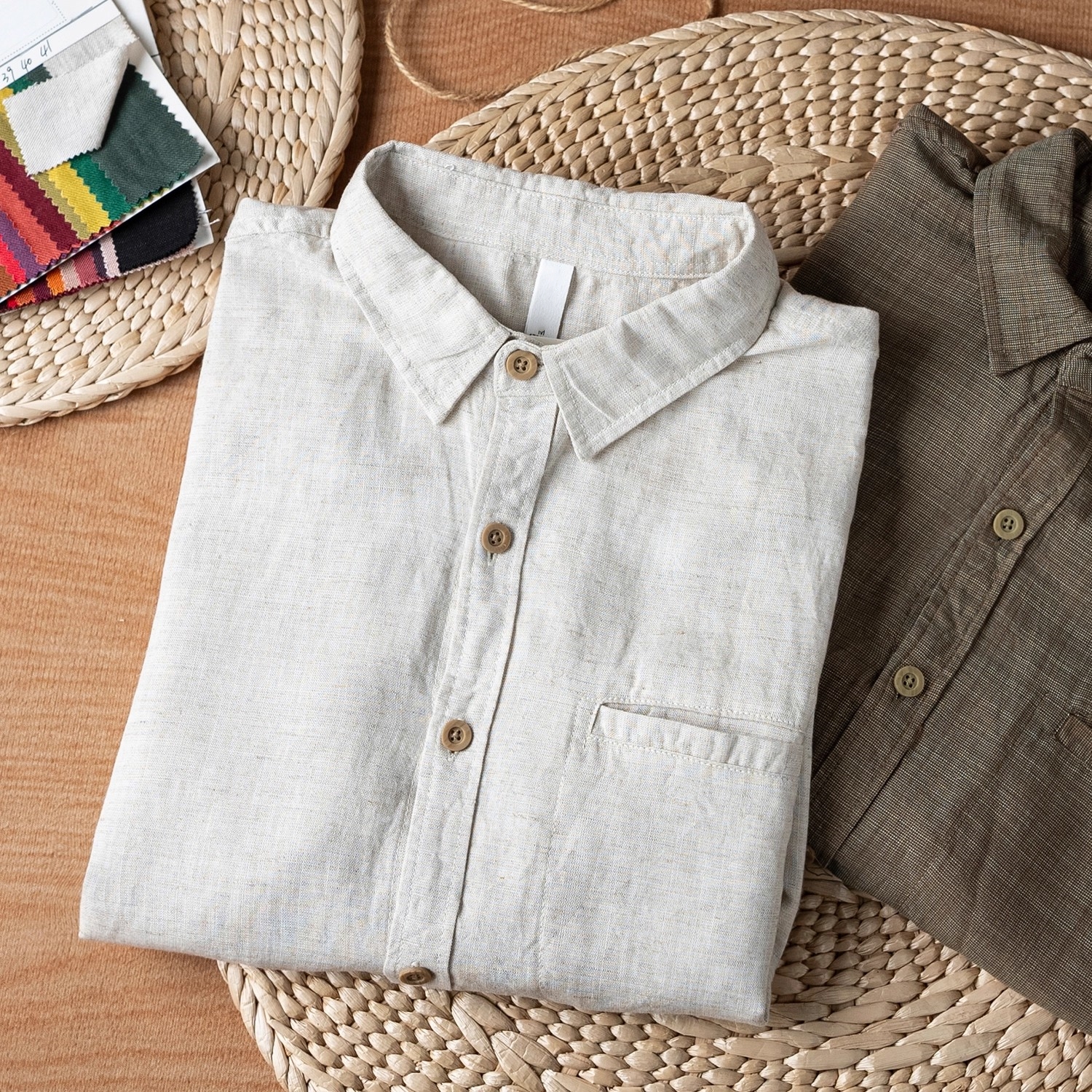 2025年新款春秋男装棉麻POLO领长袖衬衫小众设计休闲宽松纯色外套