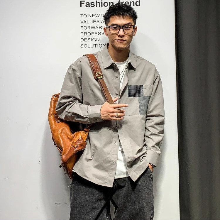 设计感个性拼接口袋衬衫男士长袖潮牌帅气青年时尚秋冬季衬衣外套