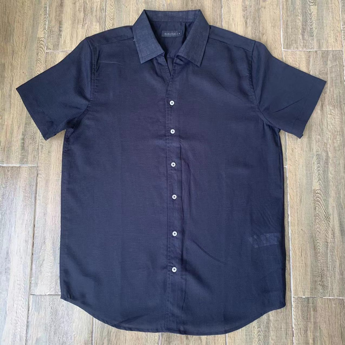 出口单80%亚麻夏季薄款男衬衫 棉麻复古纯色翻领宽松短袖衬衣