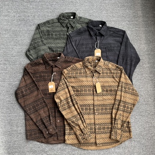 衬衣外套休闲上衣 男长袖 春秋款 民族风复古印花水洗弹力灯芯绒衬衫